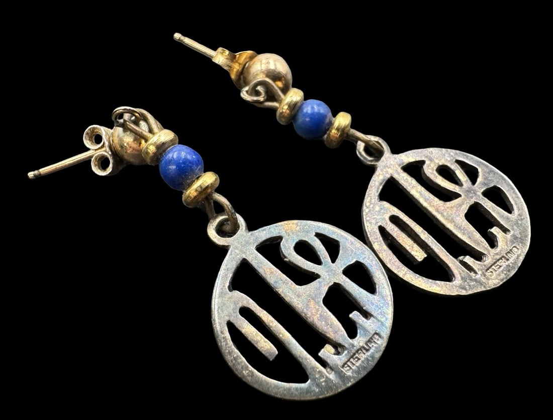 Vintage Partially Gilt Sterling Silver & Blue Gemstone Bead Egyptian Hieroglyph Earrings: Very good vintage condition with minor patina according to age. Measures approx. 1 3/8" long x 5/8" wide and weighs ca. 3.7 grams. Marked for Sterling Silver.