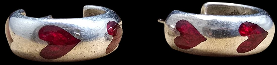 Gorgeous Vintage Sterling Silver Hoop Earrings /w Inlaid Red Hearts (1 of 3)