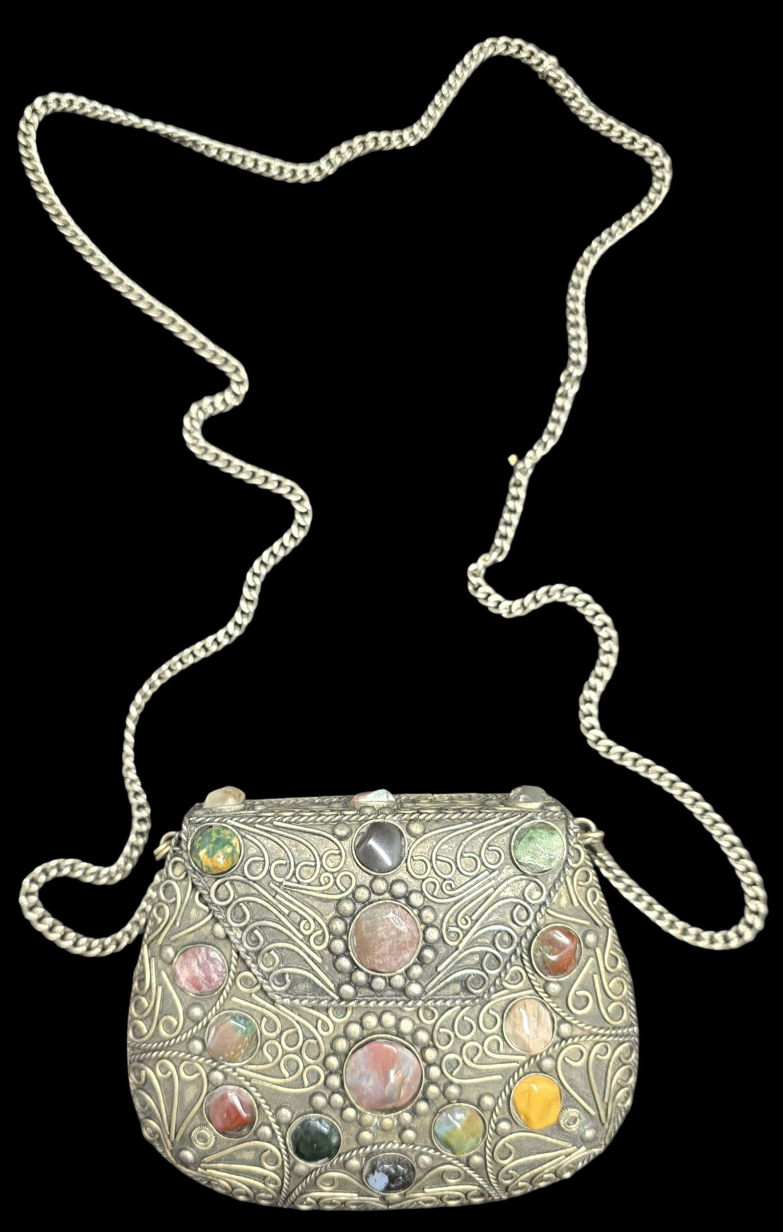 Amazing Vintage Gemstone Clad Silver-Tone Metal Shoulder Bag: Very good vintage condition with minor patina according to age. Measures approx. 4" long x 5" wide.
