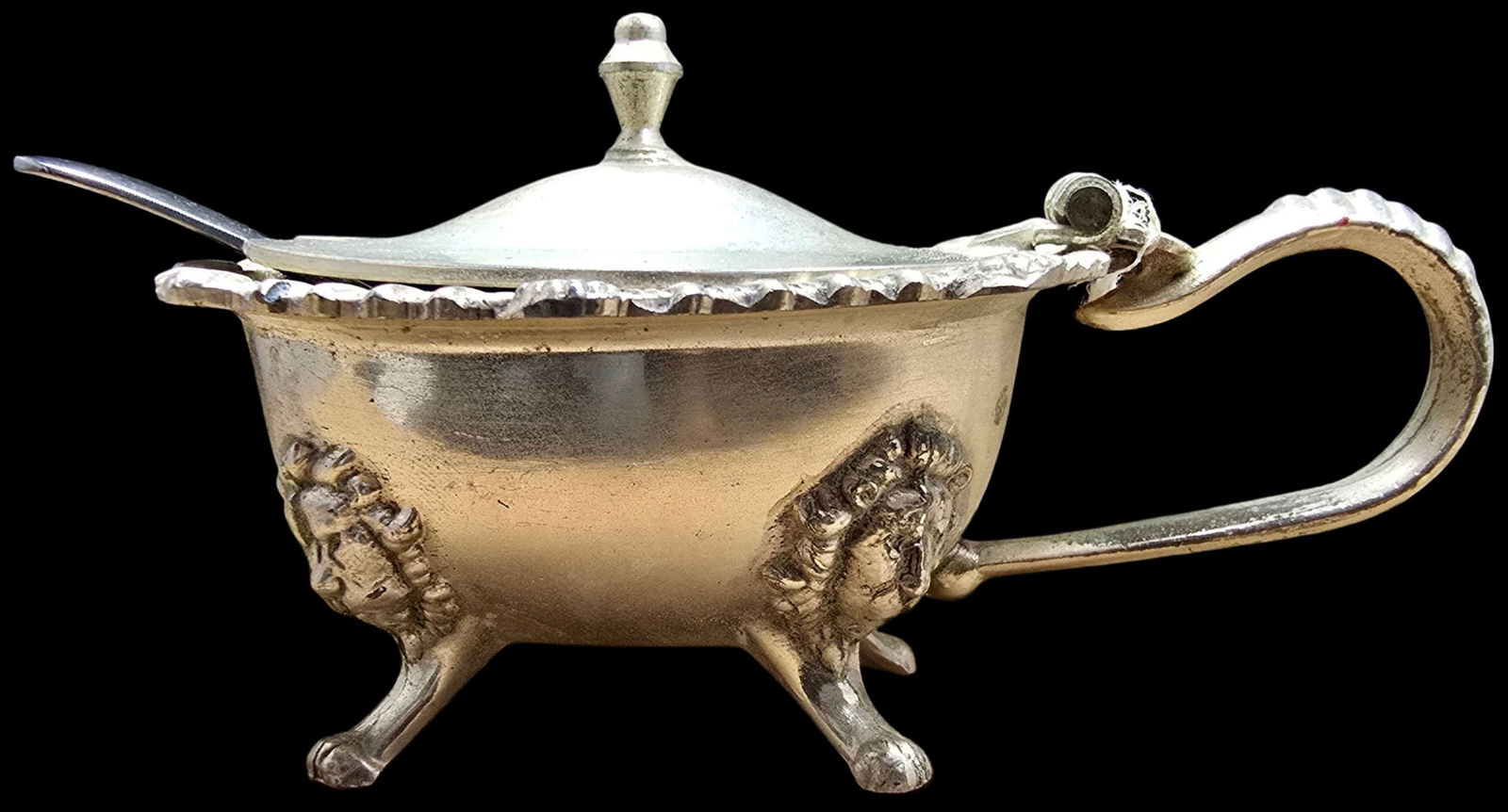 Ornate Vintage Silvertone Metal Condiment Dish /w Spoon & Cobalt Blue Glass Insert: Very good vintage condition with minor patina according to age. Measures approx. 2" long and 4" wide and weighs ca. 165 grams. Marked for Sterling Silver.?