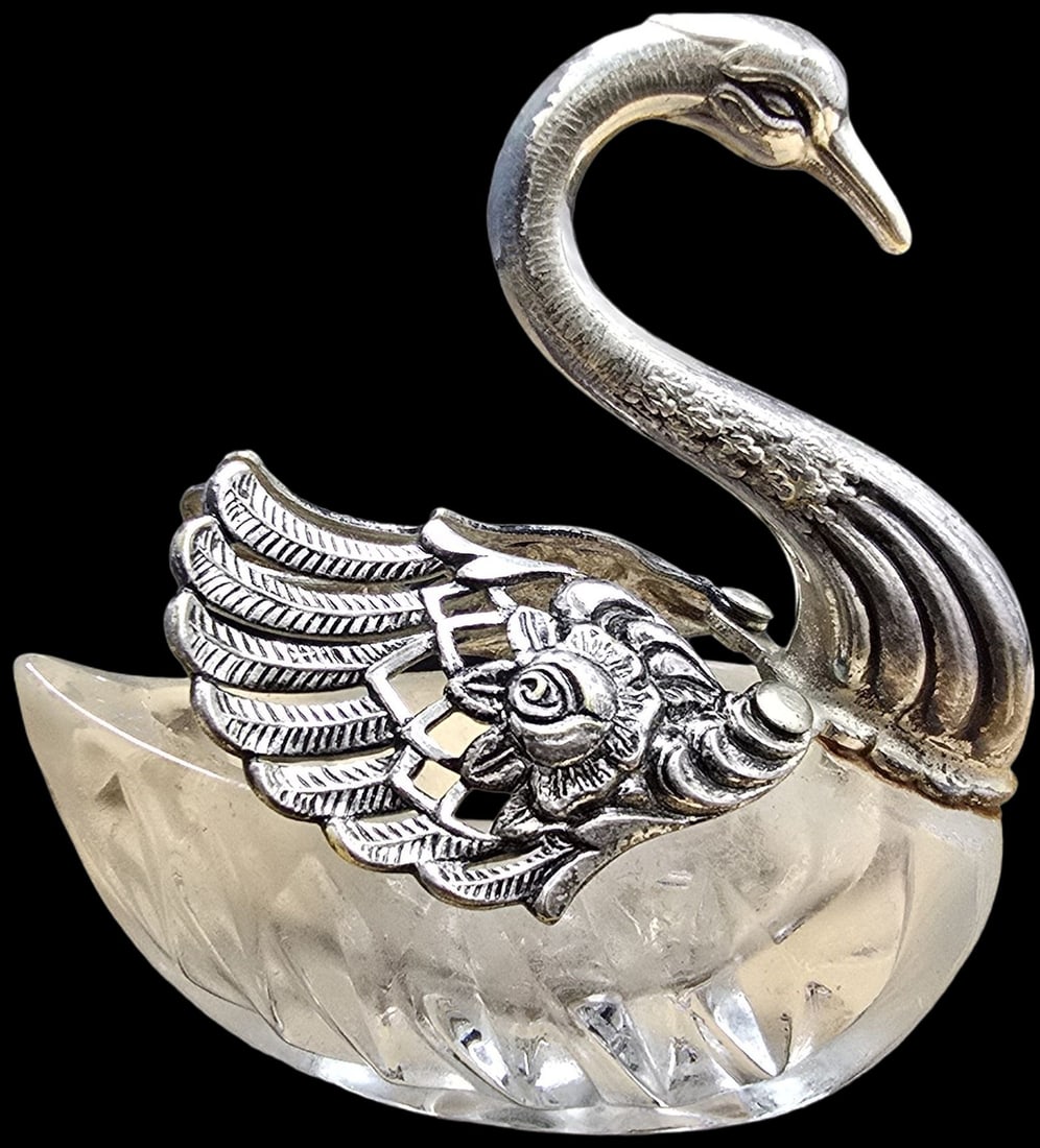 Gorgeous Ornate Vintage Silver-Tone Metal & Crystal Swan Salt Cellar (1 of 4)