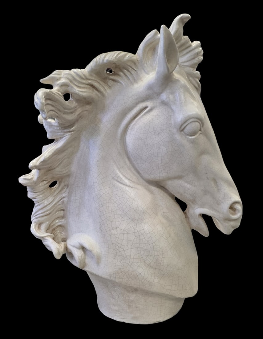 Large Vintage 1960s Italian White Glazed Crackle Ceramic Horse Head Sculpture (1 of 7)