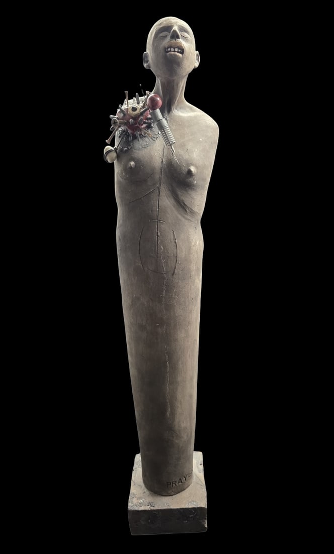 Very Unusual Vintage Ceramic / Mixed Media Sculpture "Prayer': Very good vintage condition; no chips, cracks or repairs. Measures approx. 17 3/4" high x 3 1/2" wide (shoulder). Base measures approx. 3" long x 3" wide x 1 1/4" high. Titled "Prayer".