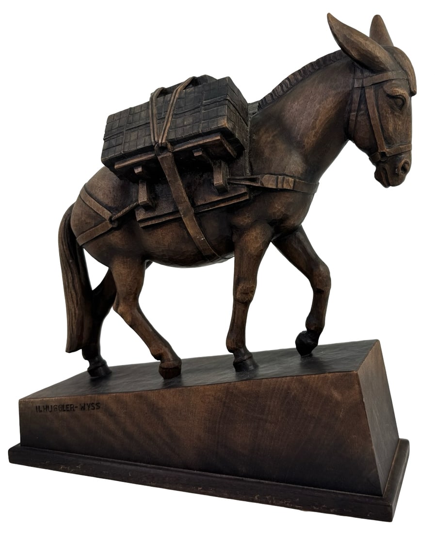 One-of-a-Kind 1940s HANS HUGGLER-WYSS (Swiss, 1877-1947) Hand Carved Wood Donkey Sculpture: A Hans Huggler-Wyss (Swiss, 1877-1947) wood Art Deco sculpture of a trotting donkey, signed on the base 'H. Huggler-Wyss,' and back of base with inscription. Very good vintage condition; No chips, cra