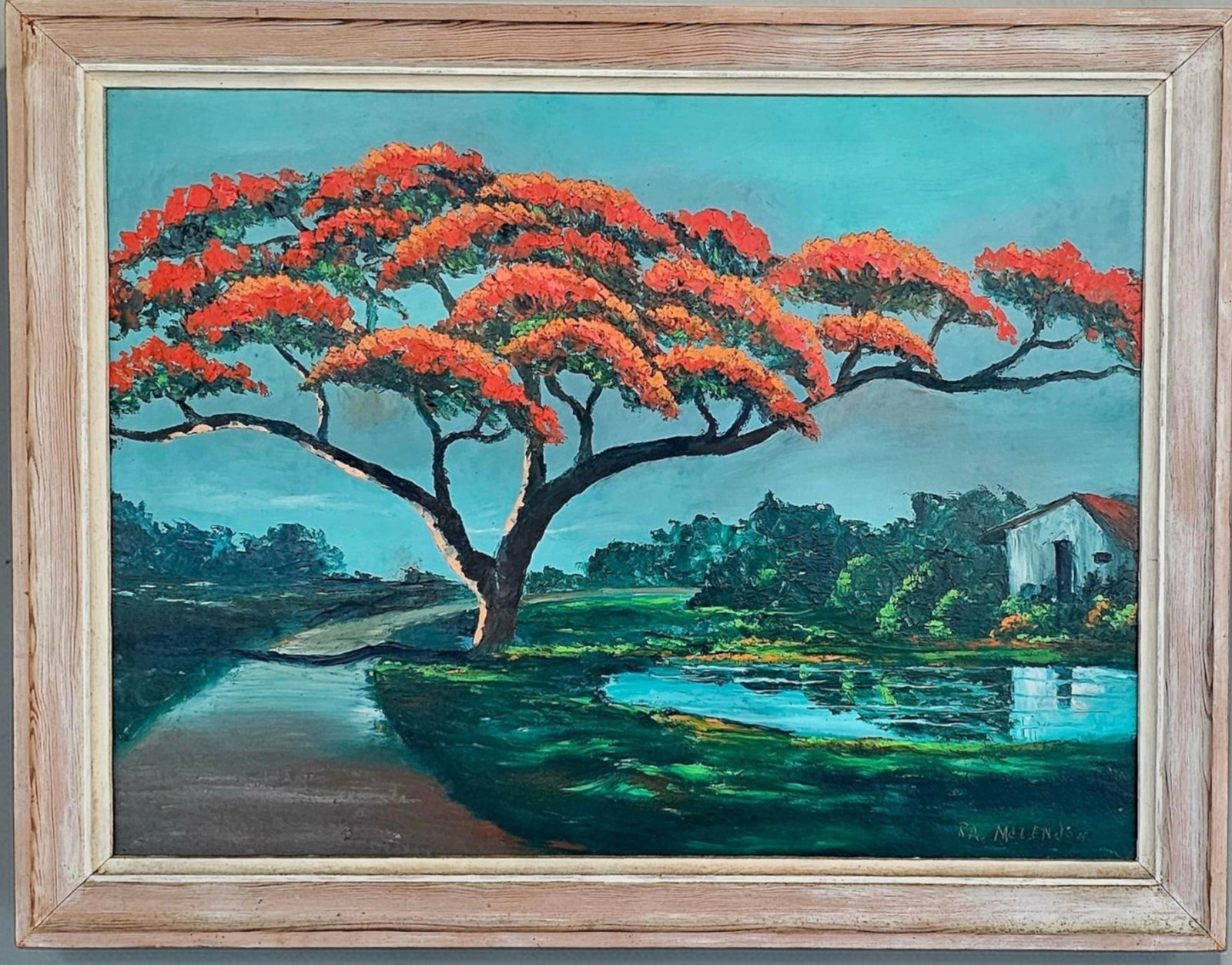 Original 1950s Highwaymen "R.A." MCCLENDON Oil on Board Royal Poinciana Tree Painting: Good vintage condition with minor wear according to age; a small piece of red paint is missing; framed; measures approx. 36" long x 28" high (frame) / 32" long x 24" high (artwork). 1950s Royal Poinci