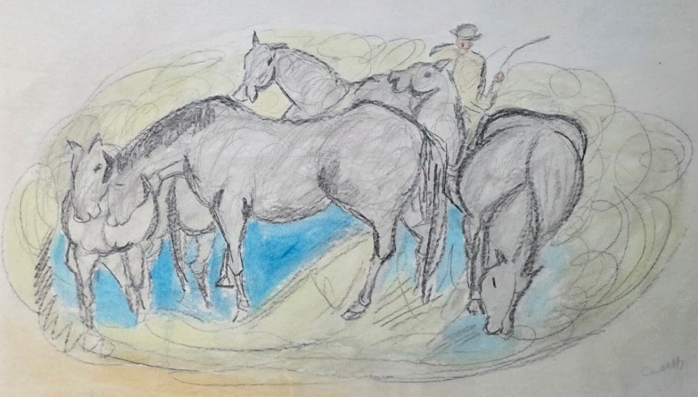 Vintage Mid-Century Pencil & Gouache Drawing on Paper - Horses - Signed: Very good vintage condition with minor wear according to age. Measures approx. 31" wide x 22 1/2" high. Signed.