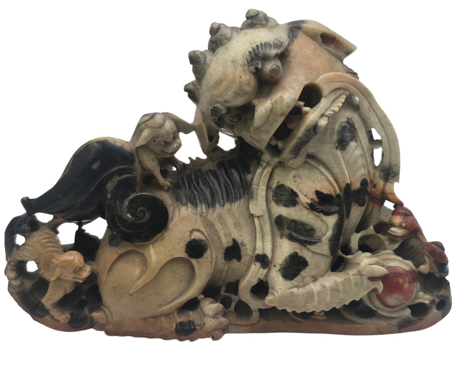 Antique Chinese Hand Carved Soapstone Foo Dog Sculpture: Very good antique condition with minor wear according to age. Measures approx. 9 1/2" long x 6 1/2" high.
