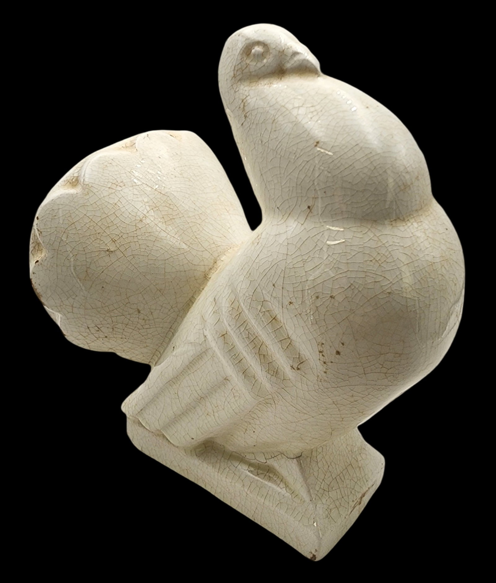 Art Deco GEORGE VENTRILLON for SAINT CLEMENT France Craquelé Enamel Ceramic Pigeon Sculpture: Stunning ca. 1920 Art Deco George Ventrillon for Saint Clement, France Pigeon sculpture in glazed crackle ceramic. Good vintage condition with some wear and minor chips according to age; no cracks or