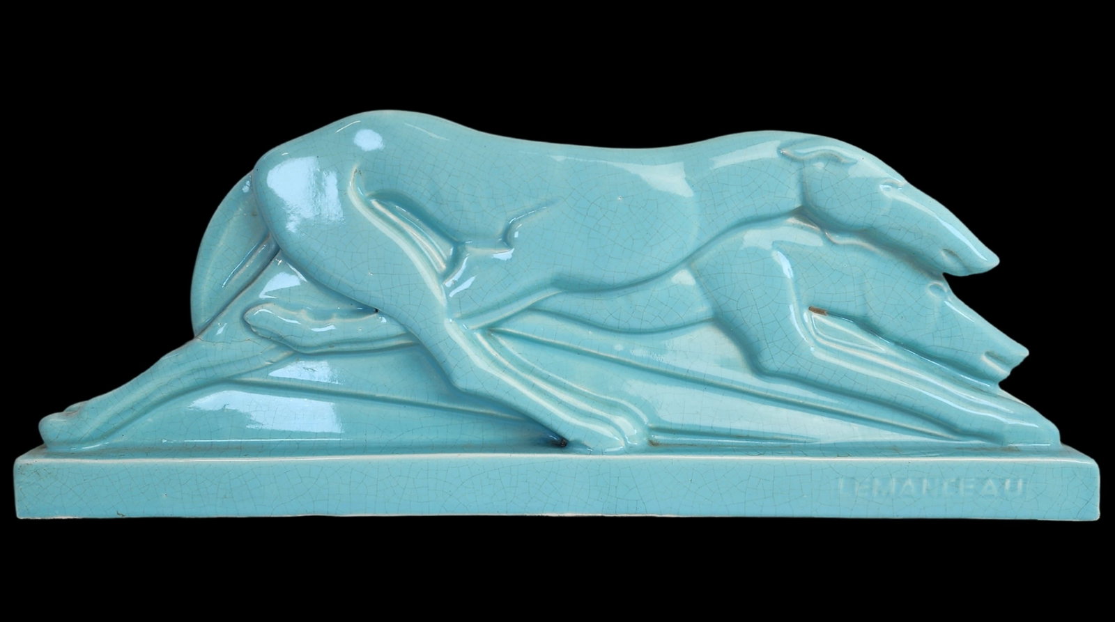 Art Deco CHARLES LEMANCEAU for SAINT CLEMENT France Craquelé Enamel Ceramic Bolsoi Greyhound: Rare crackle ceramic sculpture by Charles Lemanceau for Saint Clément. The work depicts two slendergreyhounds in motion, capturing the essence of speed and grace. The design is typical Art Deco, with