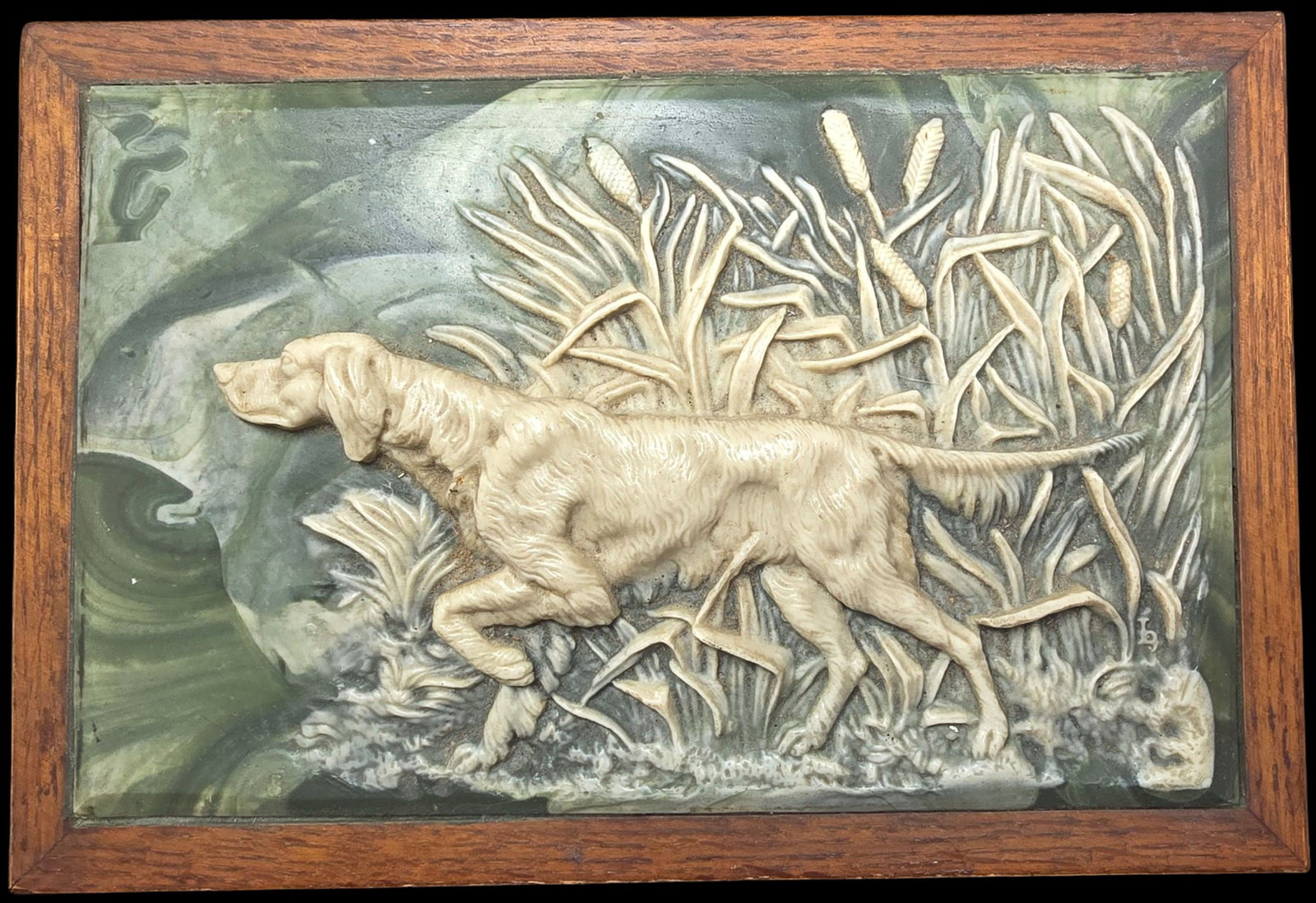 Beautiful Vintage Incolay or Resin / Wood Jewelry Box /w Hunting Dog Theme: Good vintage condition with wear according to age and use; No chips, cracks or repairs. Measures approx. 2 1/2" high x 12" wide.