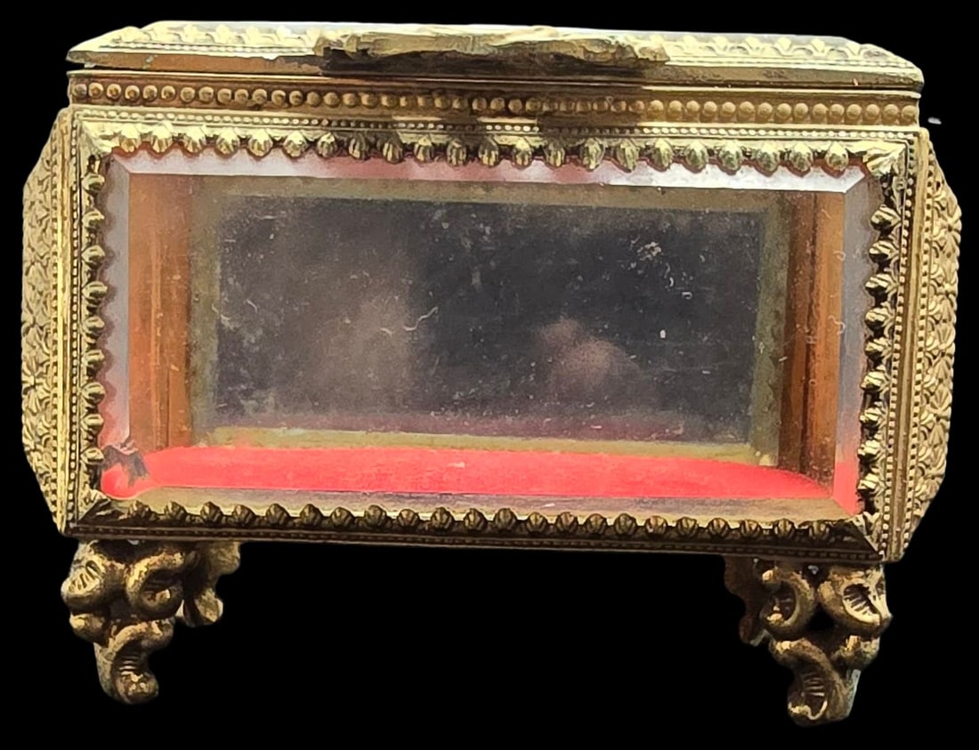 Gorgeous Ornate Antique Ormolu Brass & Crystal Trinket Box: Very good antique condition with minor patina according to age. Measures approx. 3 " long x 4" wide.