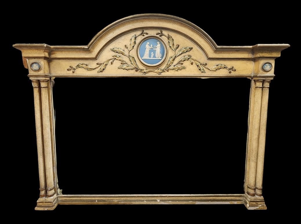 Very Rare Antique Wood & Painted Gesso Mirror /w WEDGWOOD Jasperware Plaques: Great piece in very good antique condition with some patina and wear according to age. WE DO NOT OFFER IN-HOUSE SHIPPING for THIS PIECE BUT WILL ORGANIZE THIRD-PARTY SHIPPING for YOU ON REQUEST.