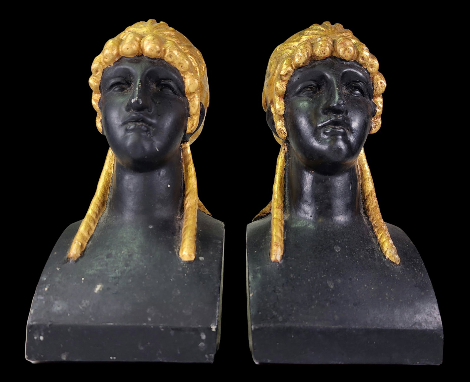 Pair of Art Deco Empire Style Busts of Greco Roman Women in Gilt and Black Plaster, Italy, ca. 1930 (1 of 9)