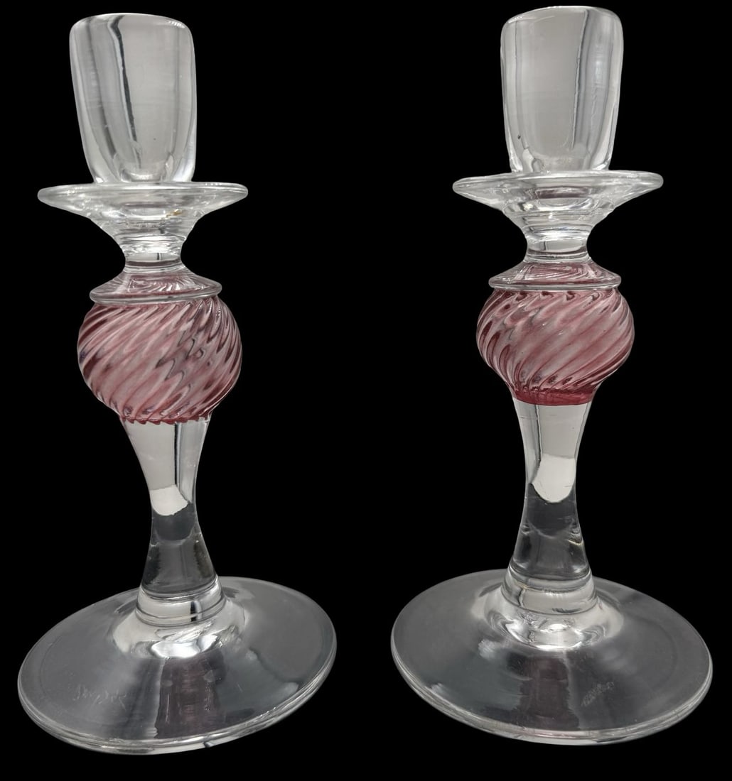 Pair of Vintage 1990s Pink & Clear Twisted Art Glass Candle Holders - Signed (1 of 3)