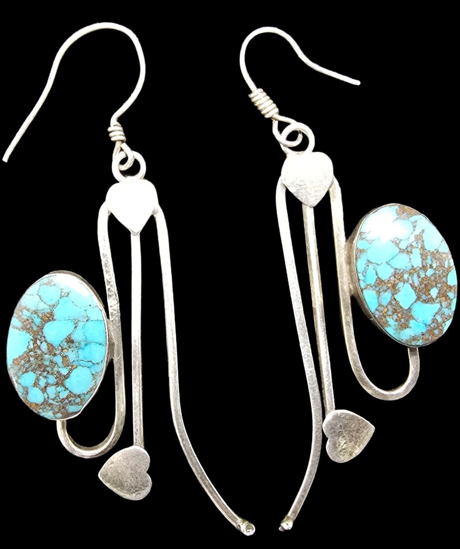 Beautiful Vintage Native American Sterling Silver & Turquoise Designer Earrings - Signed (1 of 3)
