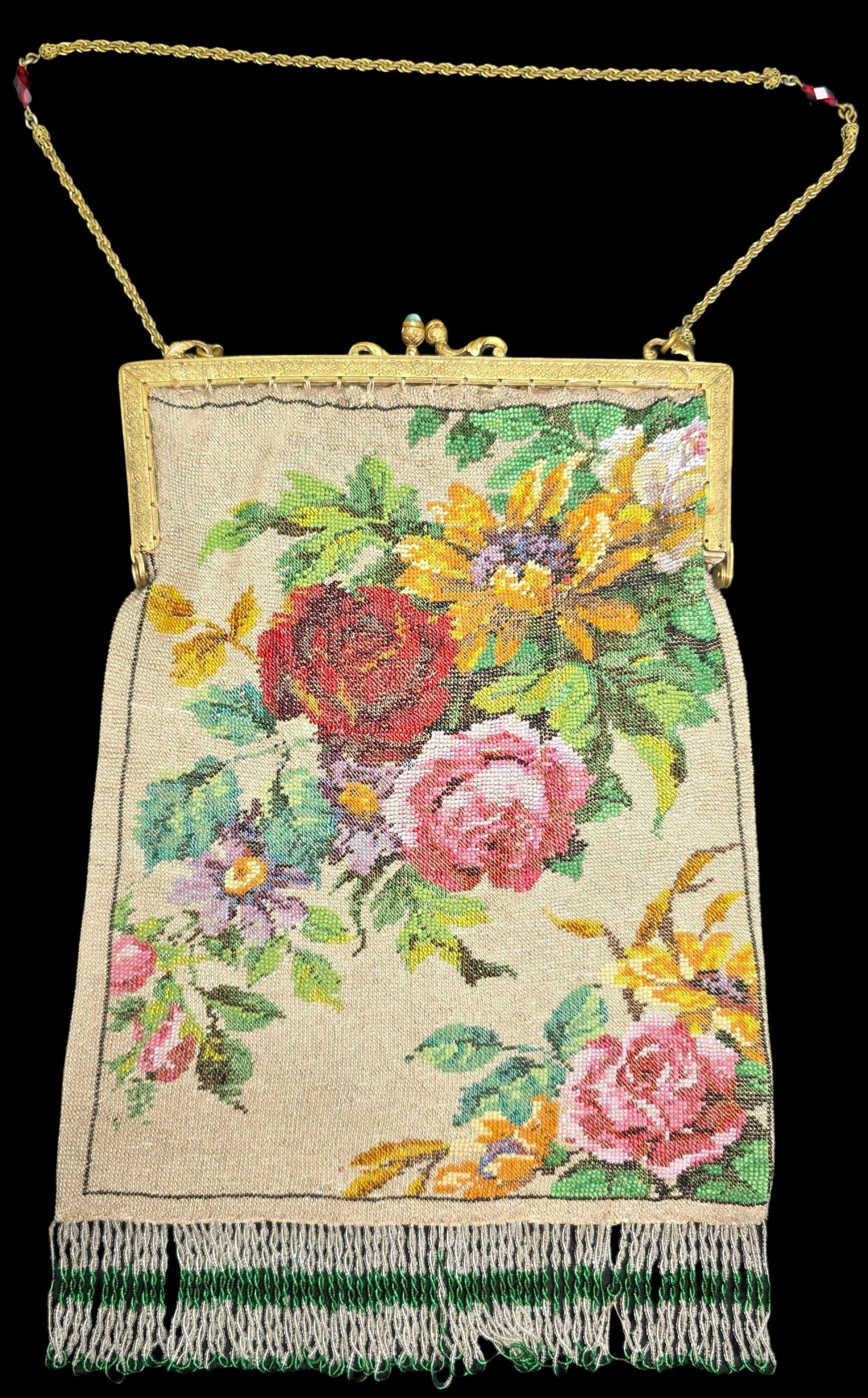 Unusual Antique Brass & Beadwork Evening Purse: Very good antique condition with minor patina according to age. Measures approx. 12" long x 7 1/2" wide.