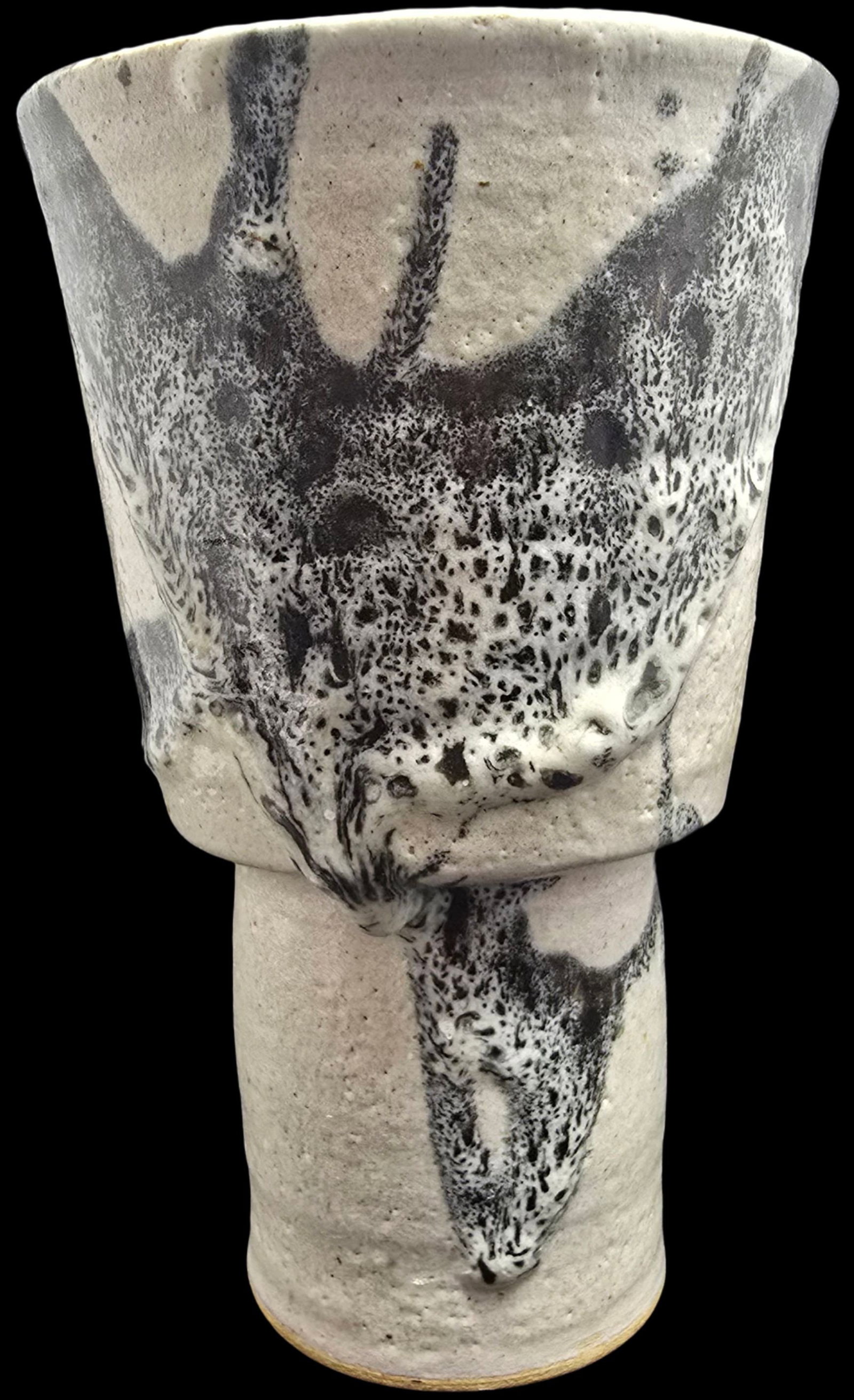 Gorgeous Vintage Handmade Raku Beige & Black Art Pottery Vase: Very good vintage condition; No chips, cracks or repairs. Measures approx. 8 1/2" high x 5" wide.