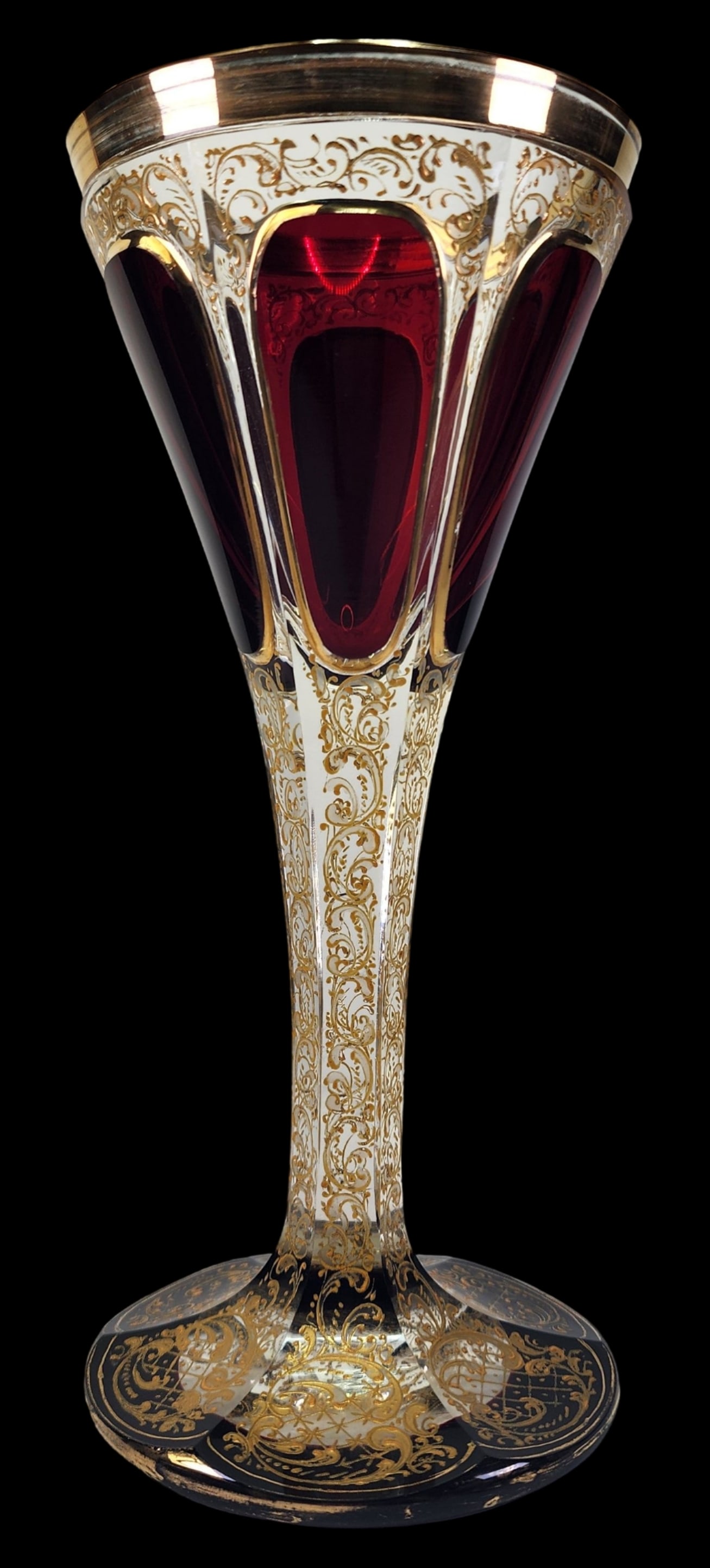 Antique MOSER Cabochon Gilt Red-Cut-to-Clear Crystal Claret Wine Goblet (1 of 9)