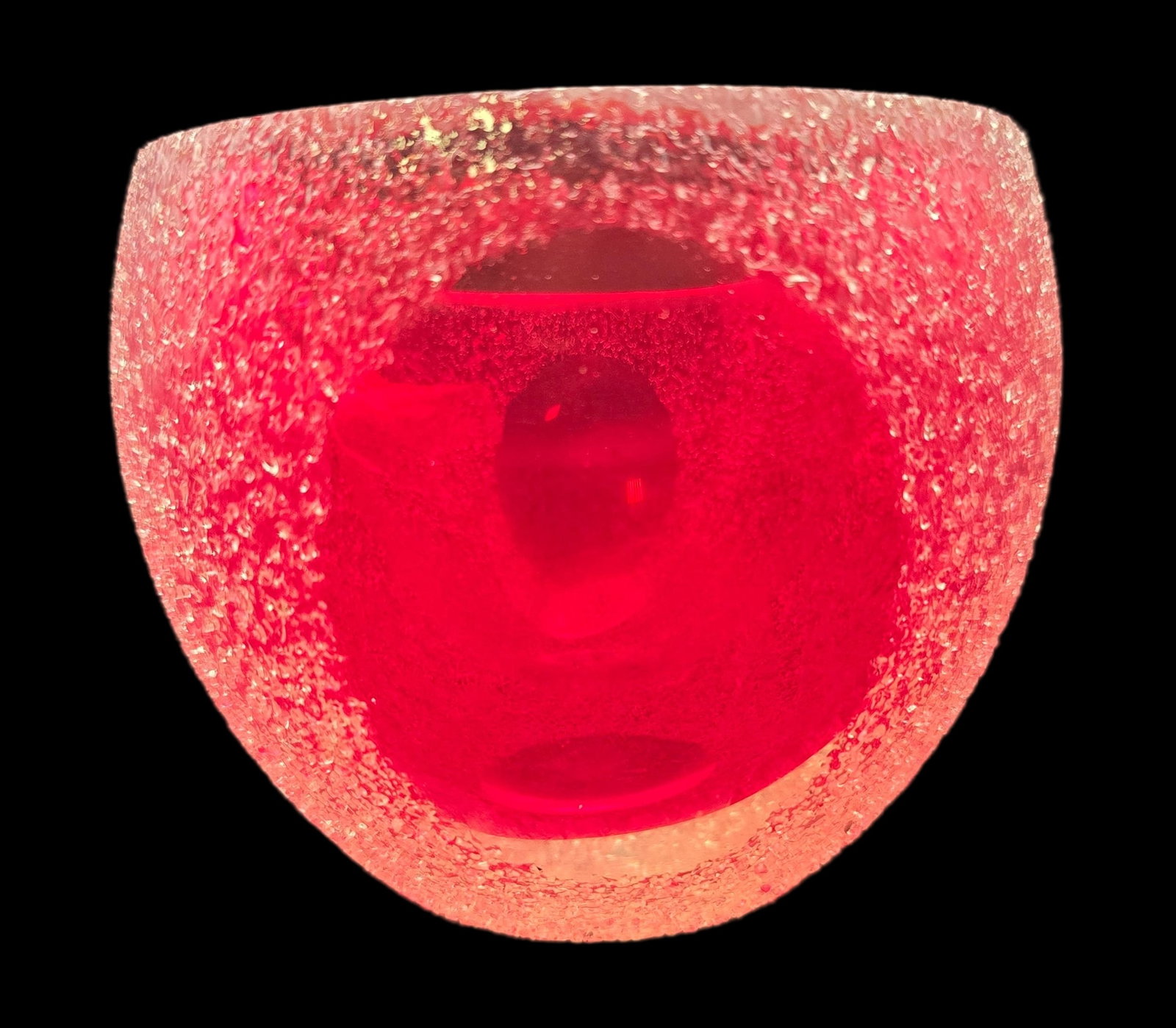 Stylish Vintage Red Frosted Art Glass Candlelight Holder /w Cut Window: Measures approx. 3" high x 3 3/4" in diameter. Very good vintage condition; No chips, cracks, or repairs.