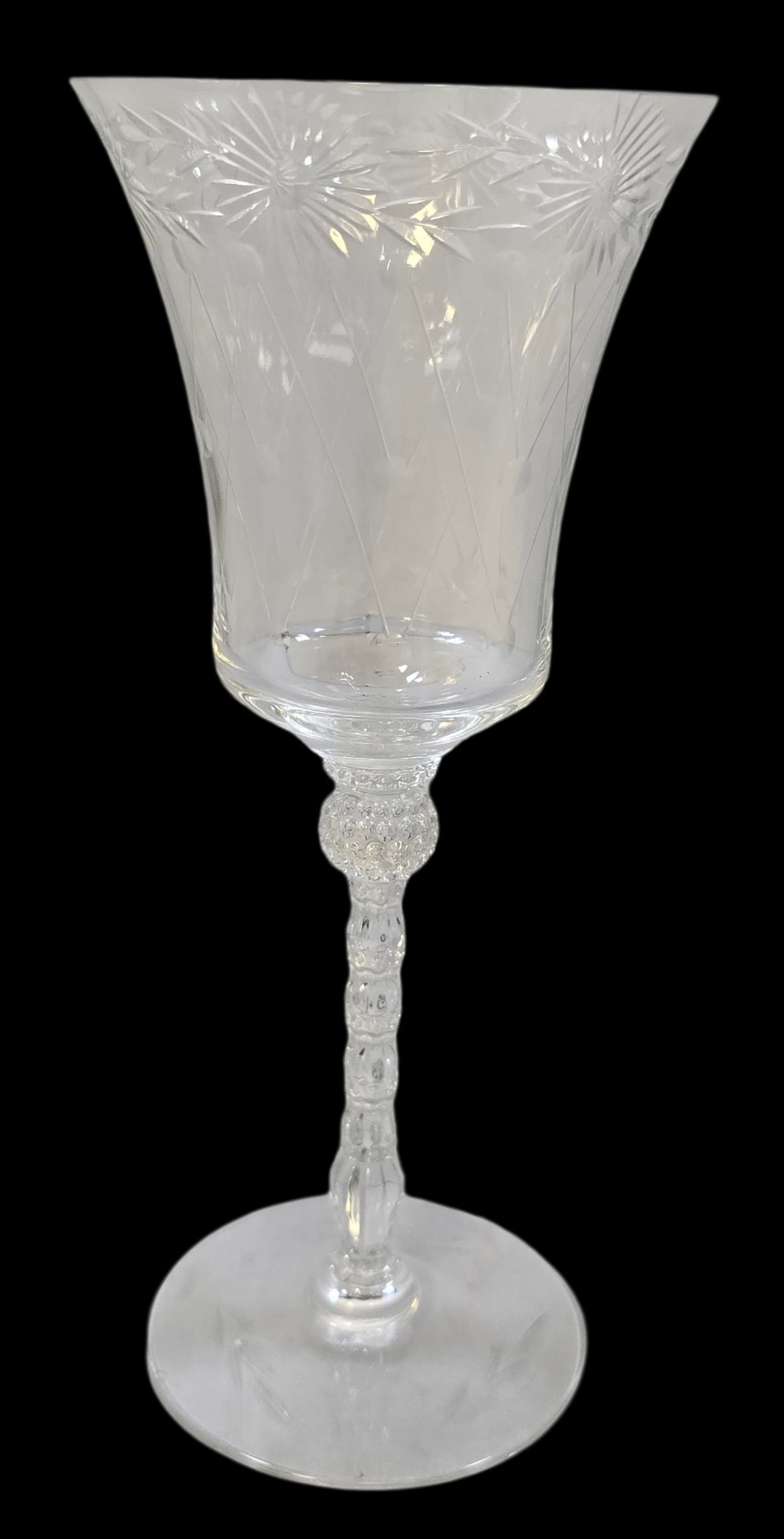 Vintage Handmade Clear Cut Crystal Stemmed Wine Glass: Very good vintage condition; no chips, cracks, and repairs. Measures approx. 8 1/2" high x 4" in diameter