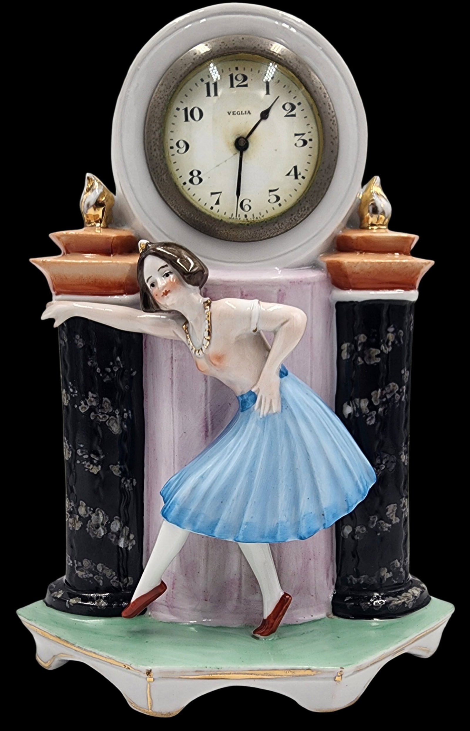 Vintage Italian Art Deco Clock with Girl in Blue Skirt: Very good vintage condition; No chips, cracks, or repairs. Measures approx. 9" (23cm) x 6 1/2" (16.5cm) x 3 1/2" (9cm).