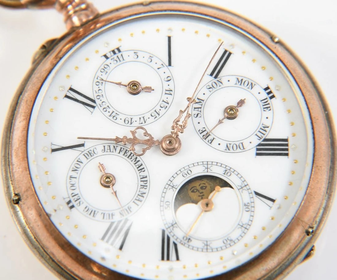 Stunning Antique Swiss 800 Silver Pocket Watch /w Moon Phase & Calendar (1 of 9)