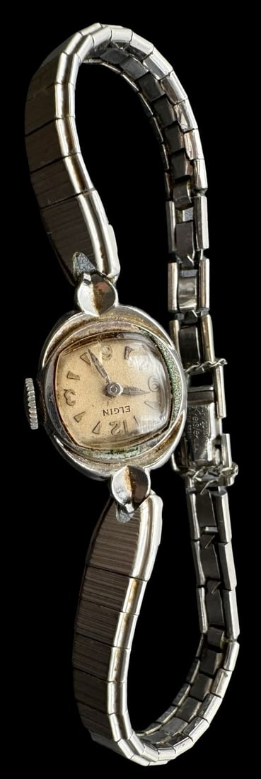 Vintage ELGIN Gold Filled / Stainless Back Ladies Watch: Good vintage condition with patina according to age; works. Measures approx. 5/8" long and 1/2" wide x weighs ca. 14.1 grams. Marked "10K Gold RGP Bezel Stainless Back".