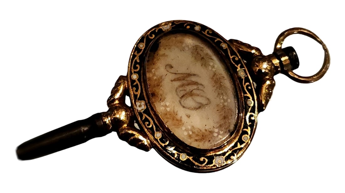 Very Rare Antique Victorian 18K Gold, Enamel & Human Hair Braidwork Pocket Watch Winding Key (1 of 3)