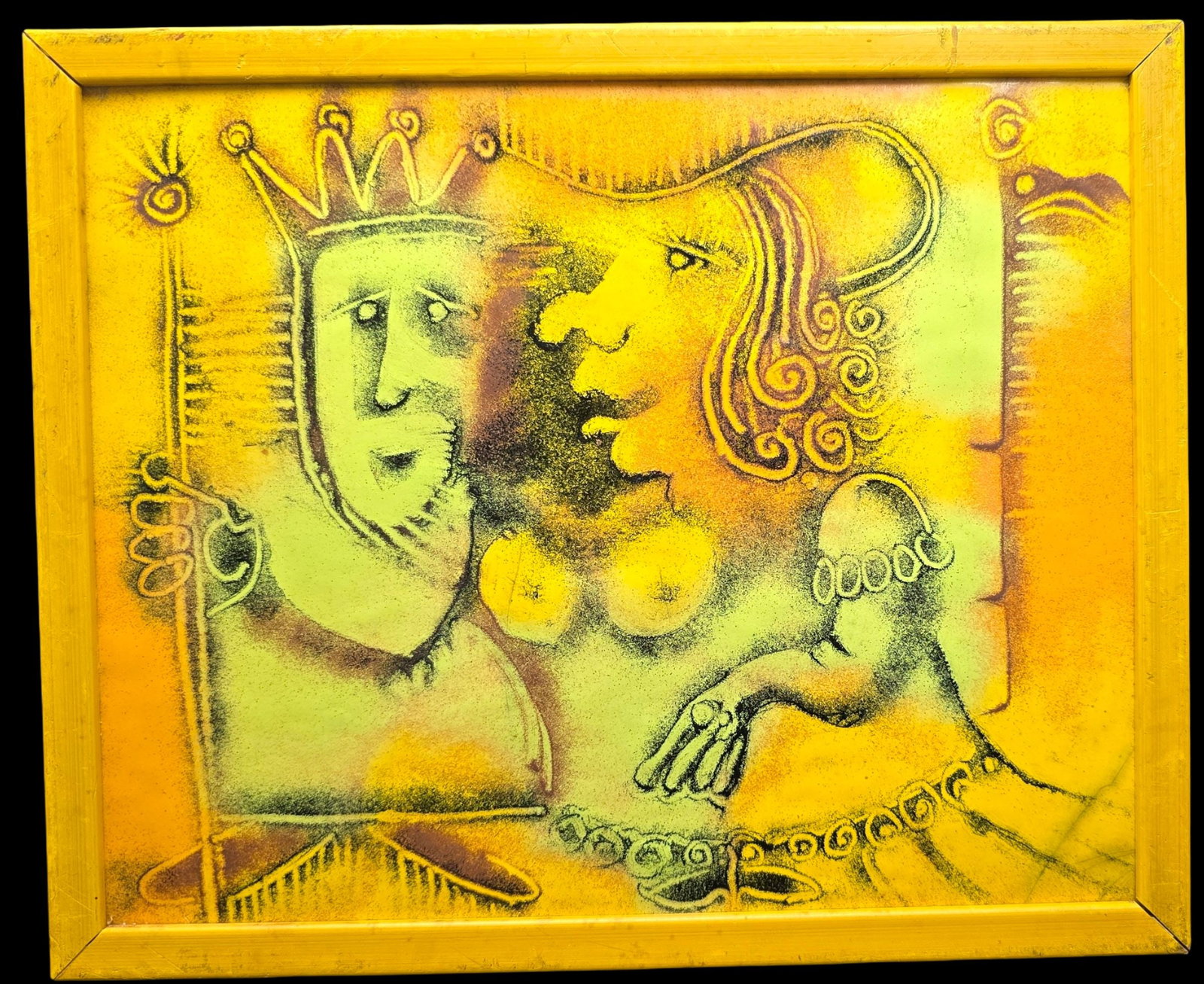 Very Unusual Vintage Abstract Painting on Ceramic: Very good vintage condition with minor patina according to age. Measures approx. 9" high x 10 1/2" wide.