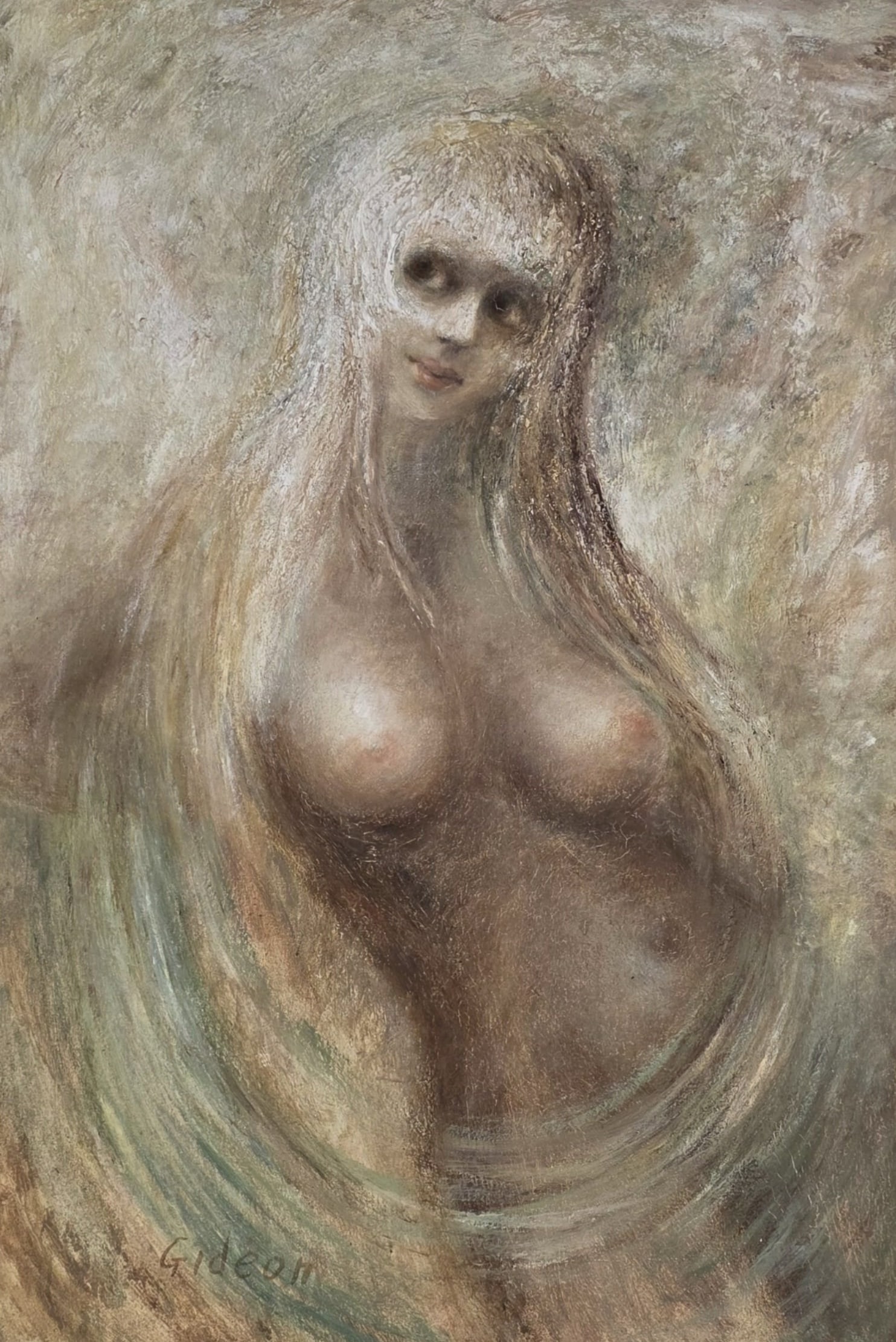 ELMO GIDEON (American, 1924-2010) Impasto Oil on Canvas Nude Portrait Painting: Housed in a stylish silvered wood frame; depicts an abstract nude portrait of a young woman using the impasto technique which is typical for Gideon. Very good vintage condition; minor cracking to oil 