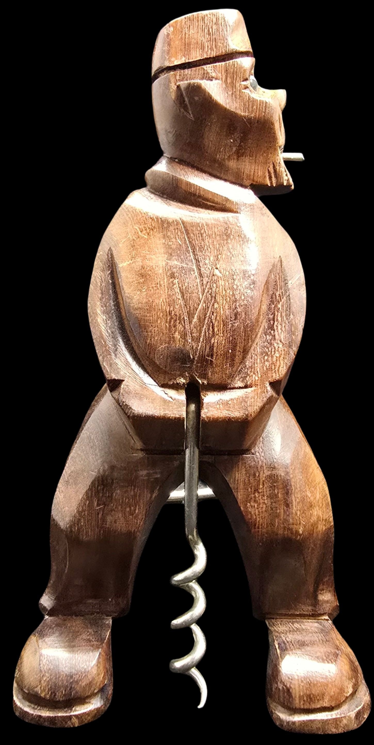 Great Vintage Hand Carved Wood Wine Bottle Opener: Very good vintage condition with minor patina according to age. Measures approx. 6" long x 3" wide.