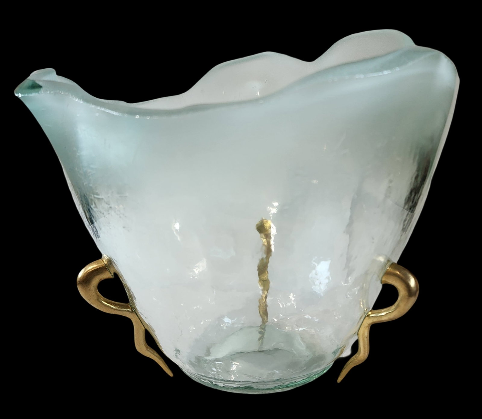 Unusual Vintage Handmade Acqua & Gold Art Glass Bowl: Very good vintage condition with very minor wear according to age. No chips, cracks, or repairs. Measures approx. 10 1/2" in diameter x 10" high.