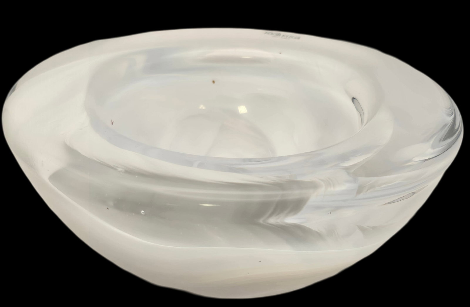 Vintage KOSTA BODA "Atoll" White Swirl Crystal Bowl: Very good vintage condition; No chips, cracks, or repairs; minor wear according to age. Measures approx. 3" high x 7" in diameter. Signed.