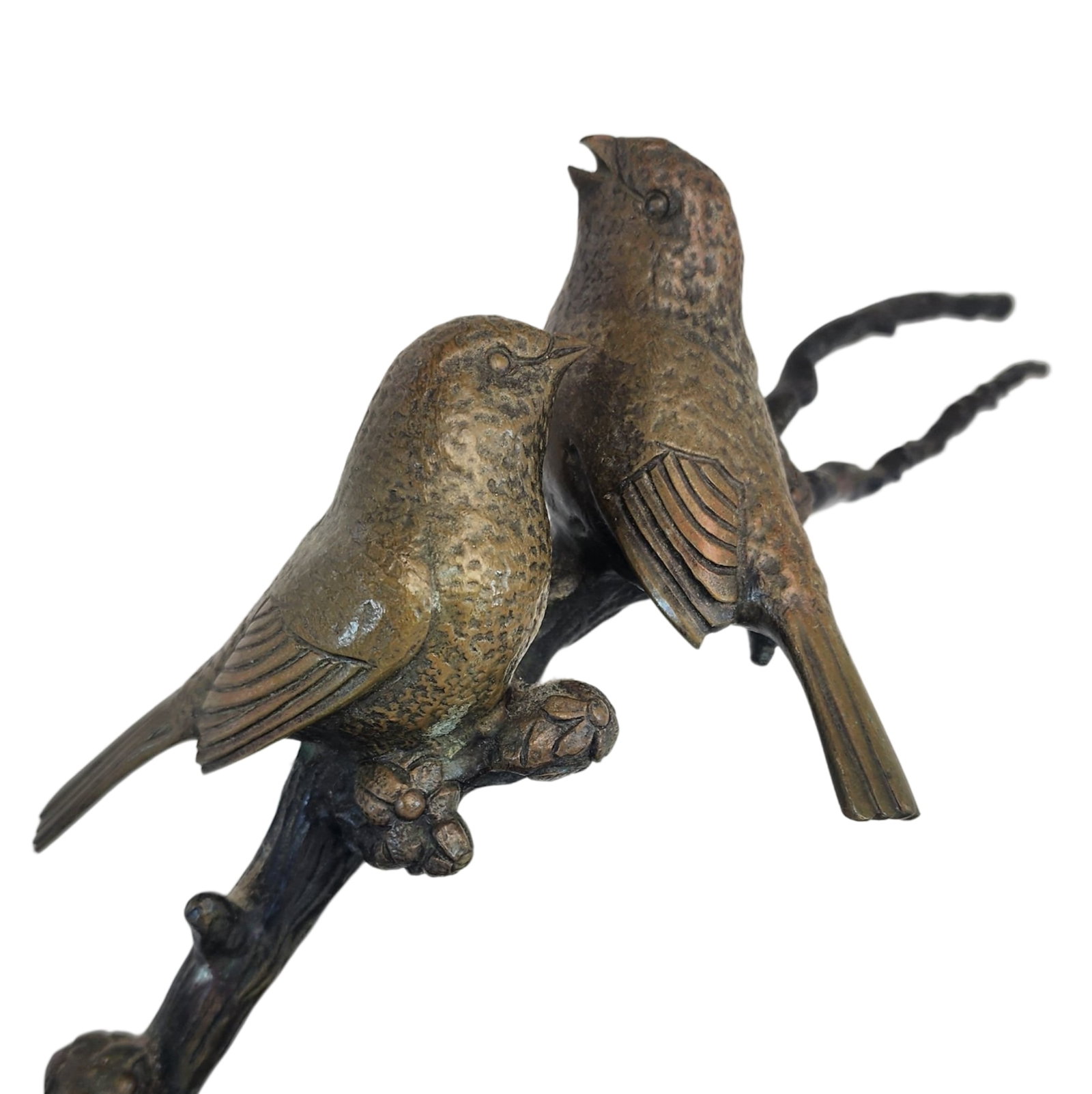 Art Deco IRENE ROCHARD (French, 1906-1984) Bronze Figural Group of Two Birds on a Branch: Irene Rochard (French, 1906-1984)"Two Birds". Two bronze birds sitting on a branch bearing an attractive deep brown patina; signed"Rochard". Mounted to a black marble base. Good antique condition with