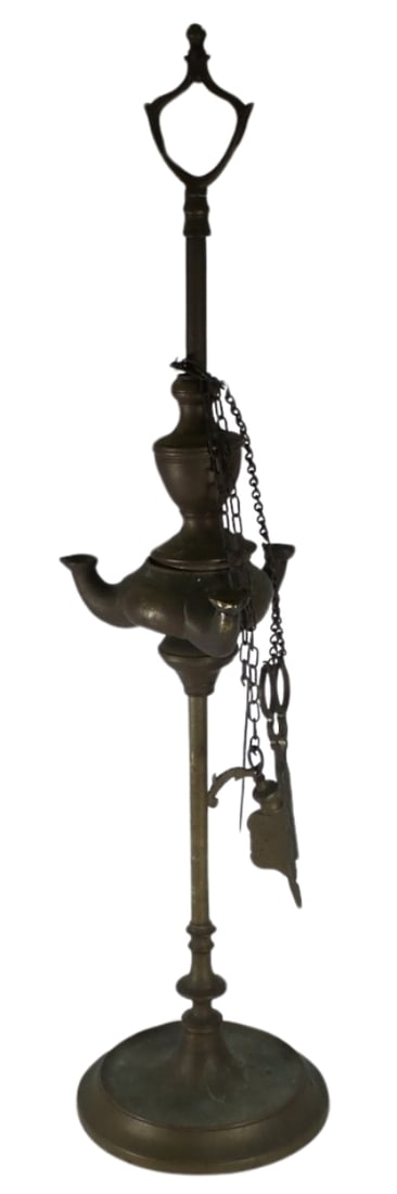 Antique Handmade Oriental Brass Table Oil Lamp /w Utensils (1 of 5)