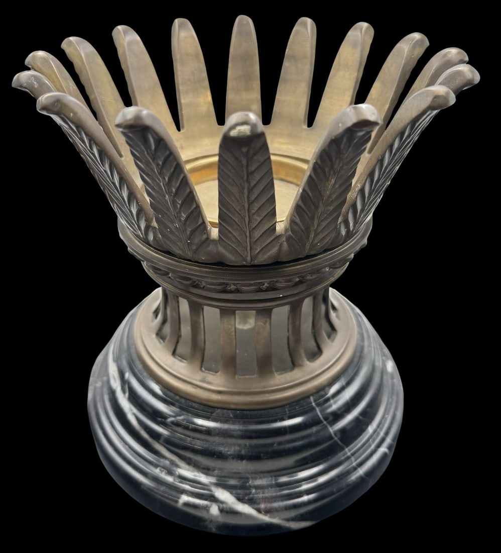 Ornate Vintage Brass Hurricane Lamp Base on Marble Base: Very good vintage condition. Measures approx. 9" high x 8" wide. Missing the glass shade.