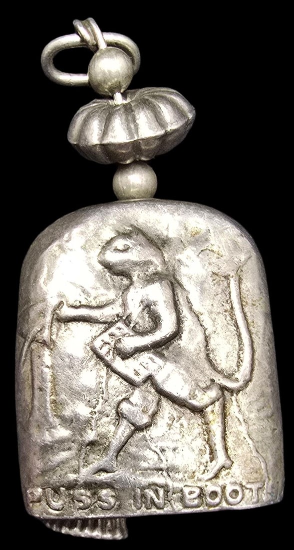 Very Unusual Vintage Sterling Silver "PUSS IN BOOTS" Cat Bell Pendant: Very good vintage condition with minor patina according to age. Measures approx. 2" long x 1" wide and weighs ca. 17.5 grams. Marked for Sterling Silver.