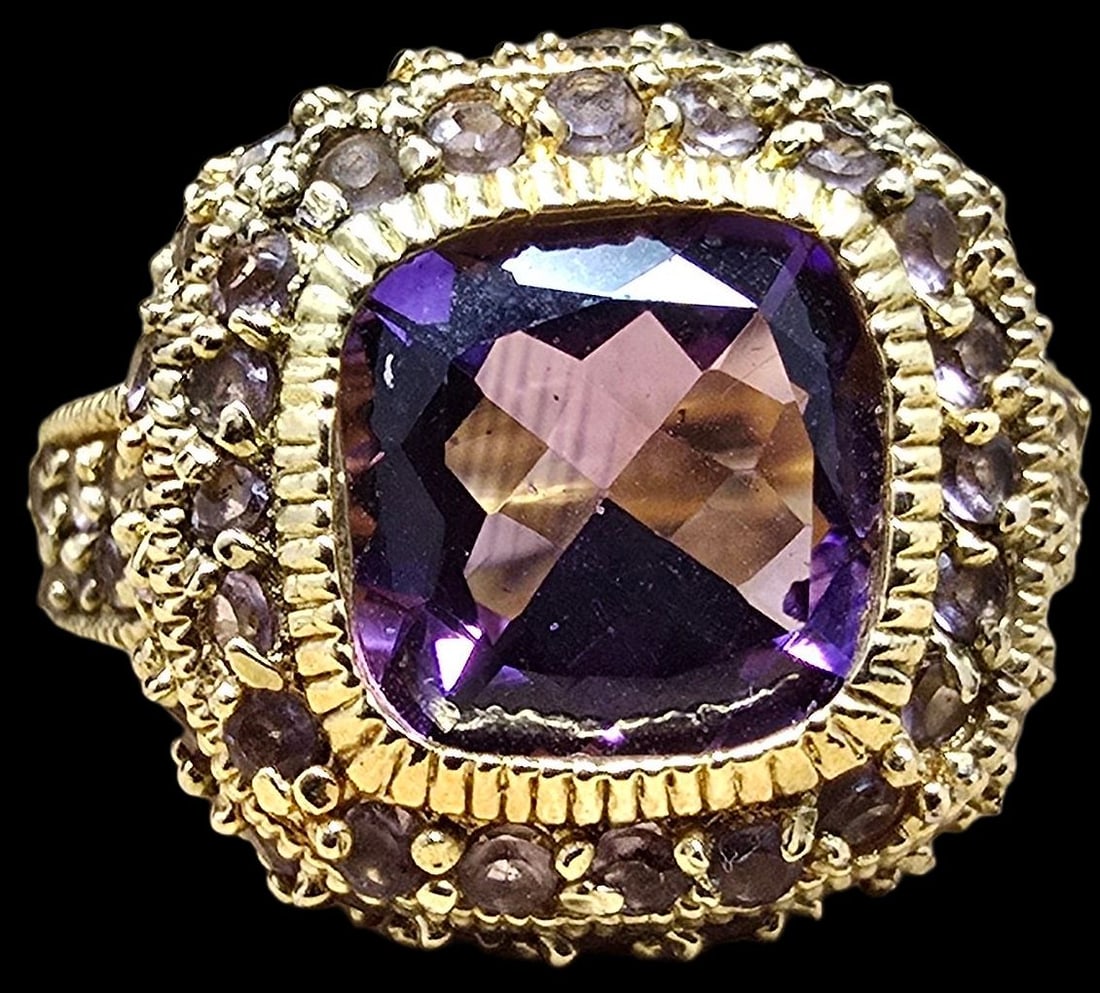 Gorgeous Ornate Vintage Gilt Sterling Silver & Gemstone Cocktail Ring: Very good vintage condition with minor patina according to age. The ring is a size 9 and weighs ca. 7.5 grams. Marked for Sterling Silver.