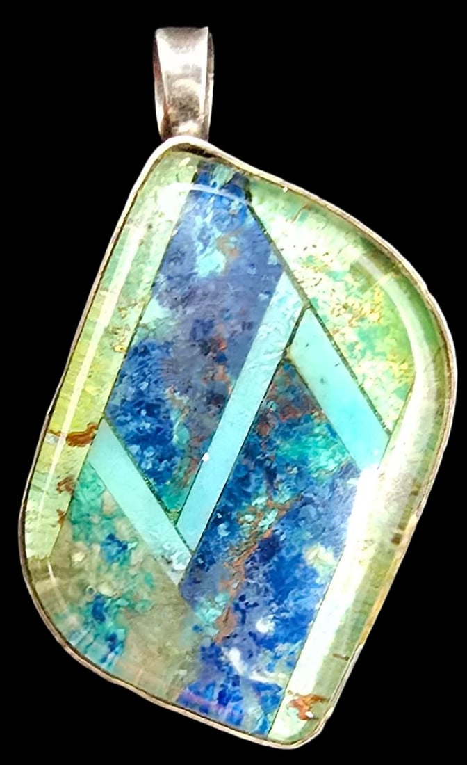Amazing Vintage Sterling Silver & Inlaid Gemstone Pendant: Very good vintage condition with minor patina according to age. Measures approx. 2" long x 1 1/2" wide and weighs ca. 11 grams. Marked for Sterling Silver.