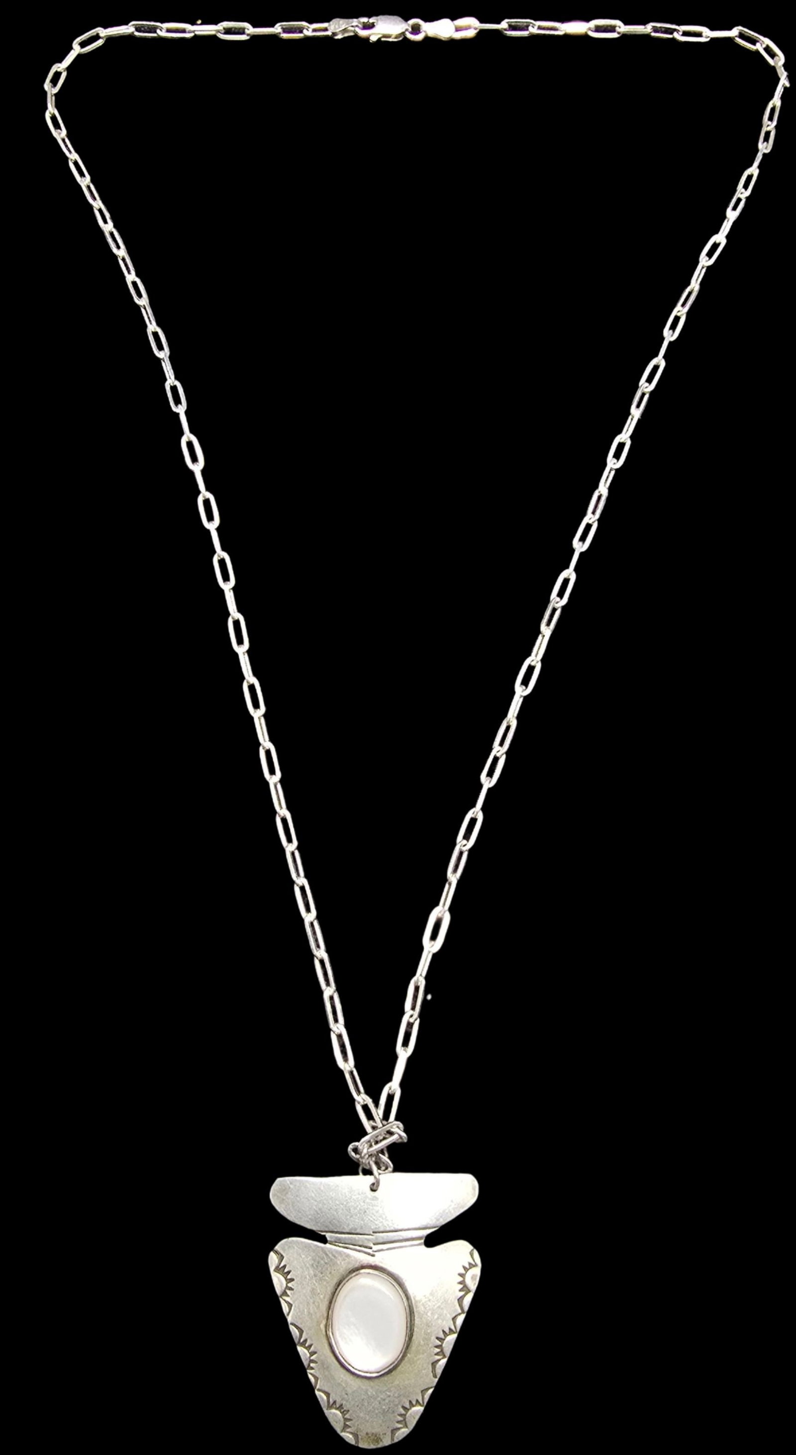 Vintage Native American Sterling Silver & MOP Arrow Head Pendant on Italian Sterling Chain Necklace: Very good vintage condition with minor patina according to age. Necklace measures approx. 24" long; Pendant measures approx. 1" wide and total weight is ca. 11 grams. Marked for Sterling Silver.