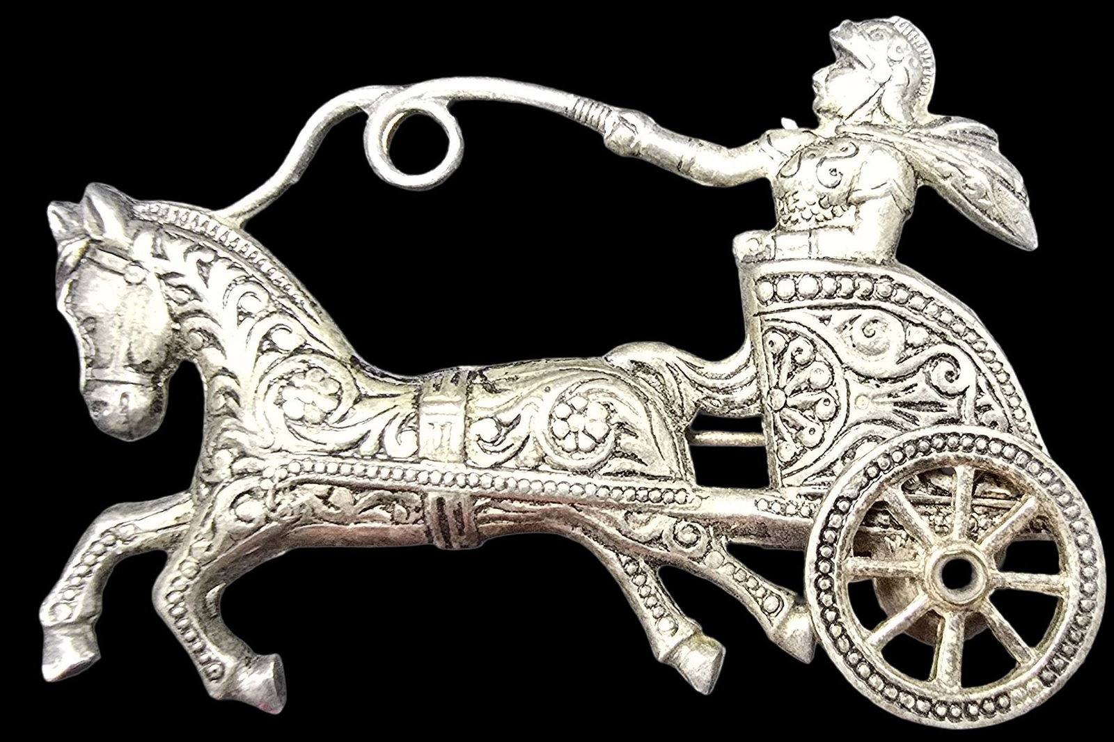 Amazing Ornate Vintage Sterling Silver Warrior on Horse Chariot Brooch: Very good vintage condition with minor patina according to age. Measures approx. 2" long and weighs ca. 9 grams. Marked for Sterling Silver.