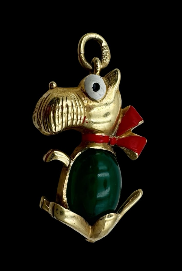 Whimsical Vintage 14K Gold & Enamel Dog Pendant Charm: Very good vintage condition with minor patina according to age. Measures approx. 1" long x 3/8" wide and weighs ca. 2.8 grams. Marked for 14K gold.