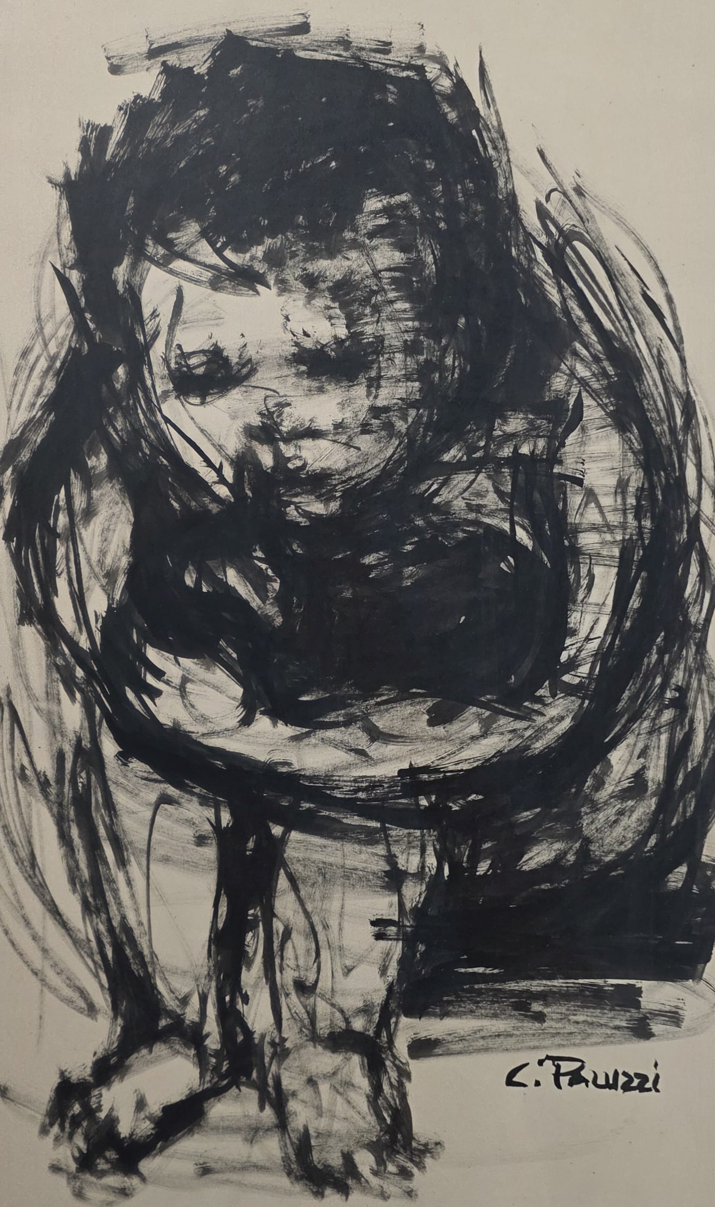 Mid-Century CLAUDINE PALUZZI (American, 1931-2018) Ink Wash on Paper Painting: Ink wash on paper painting of a cowering child by listed artist Claudine Paluzzi, ca. 1960s. Signed to the lower right-hand side. Matted and framed in mid-century wood frame behind glass. A well-known