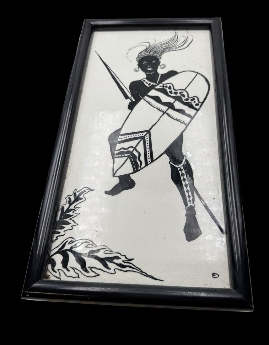 Unusual Vintage Mid-Century Hand Painted Glass or Porcelain Plaque /w African Warrior: Very good vintage condition. No chips, cracks or repairs. Measures approx. 13" high x 7" wide. Signed.