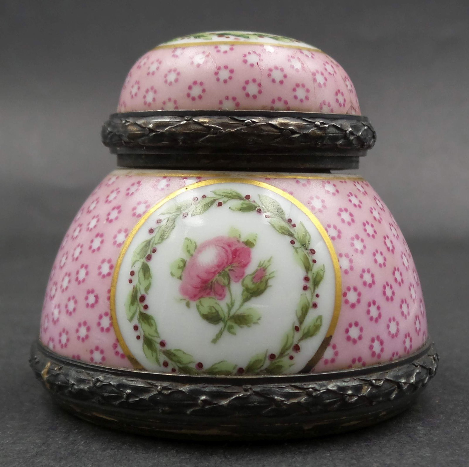 Rare Antique 19th Century European Hand Painted Pink Porcelain & Brass Inkwell (1 of 6)
