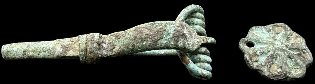 Pair of Ancient ca. 100 AD Roman Bronze Pieces - Fibula and Pendant (1 of 4)