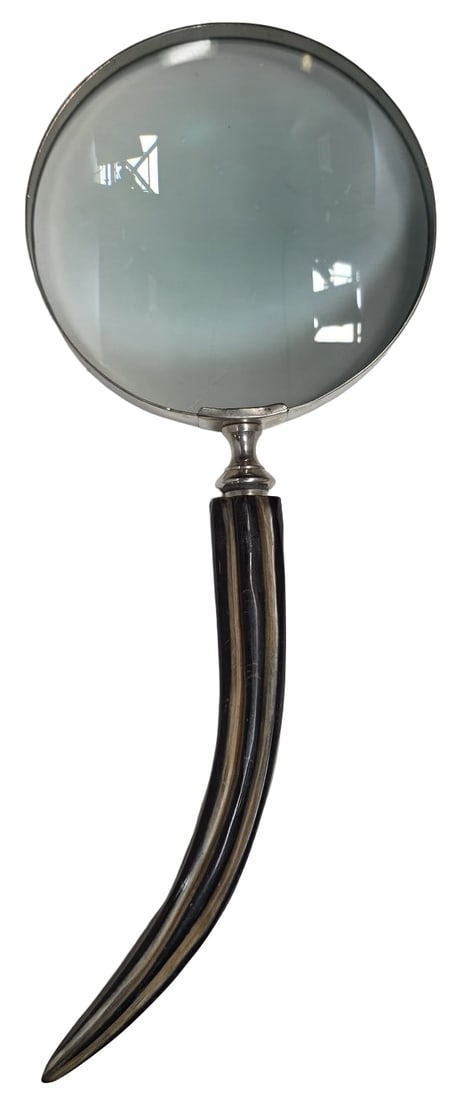 Large Vintage Magnifying Glass /w Horn Handle: Very good vintage condition with minor wear according to use and age. Measures approx. 15" long x 5 3/4" in diameter.