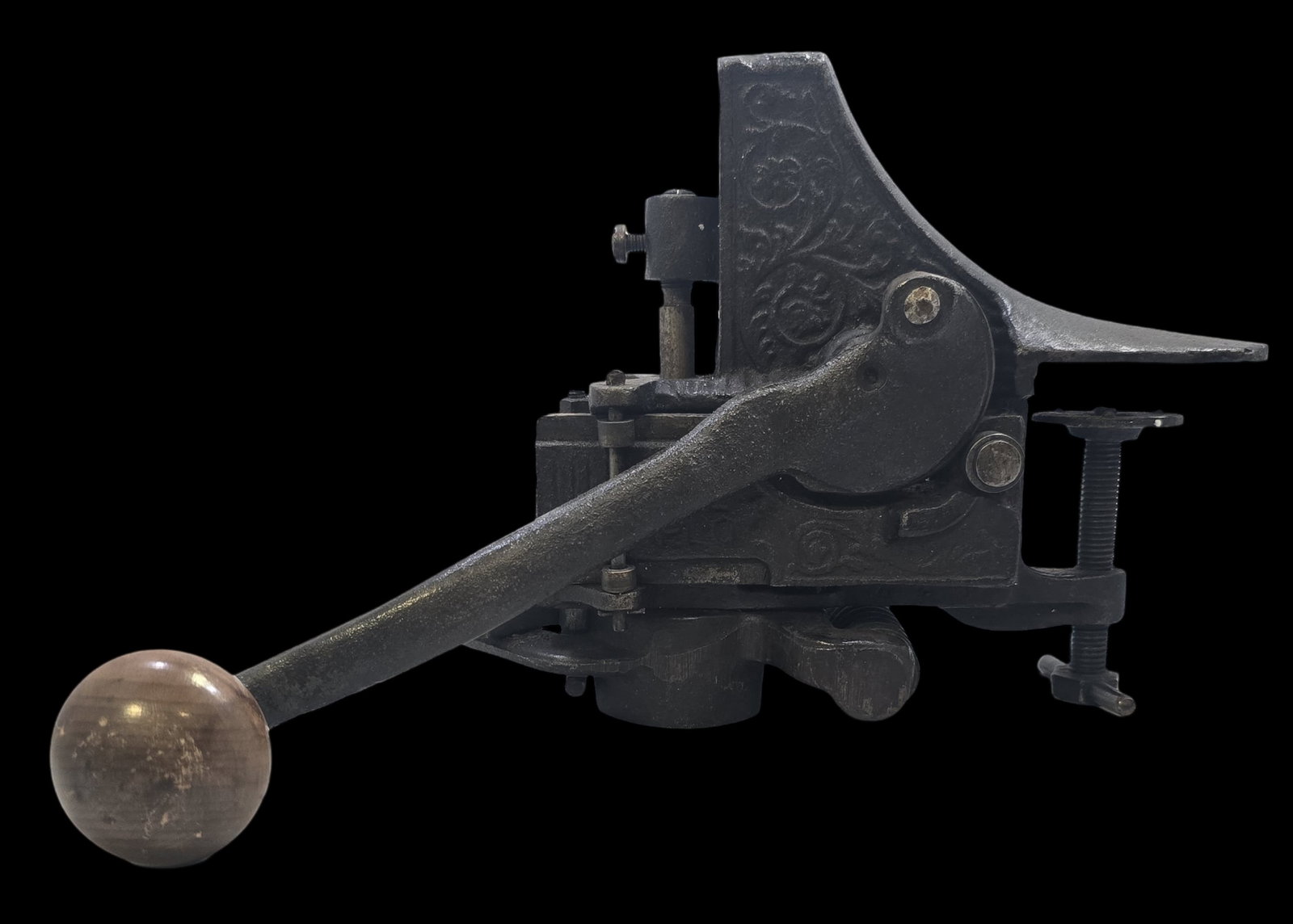 Antique ca. 1900 Cast Iron Bottle Corking Machine: Good antique condition with wear and patina according to age. Seems to work but was not actually tested on a bottle. Measures approx. 7 1/2" high x 9" wide.