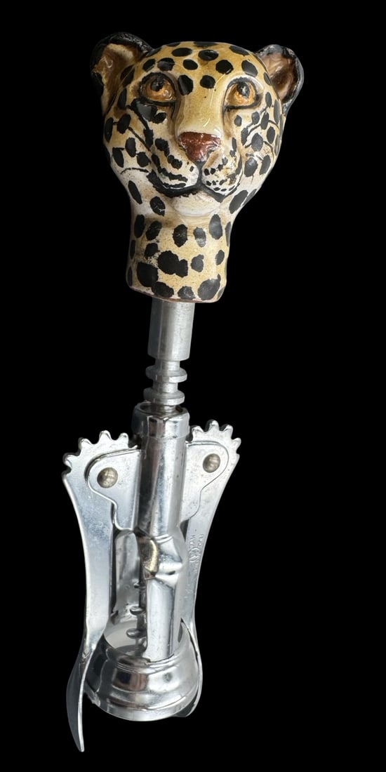 Unusual Vintage Italian Chromed Steel Corkscrew Bottle Opener /w Ceramic Leopard Head (1 of 6)