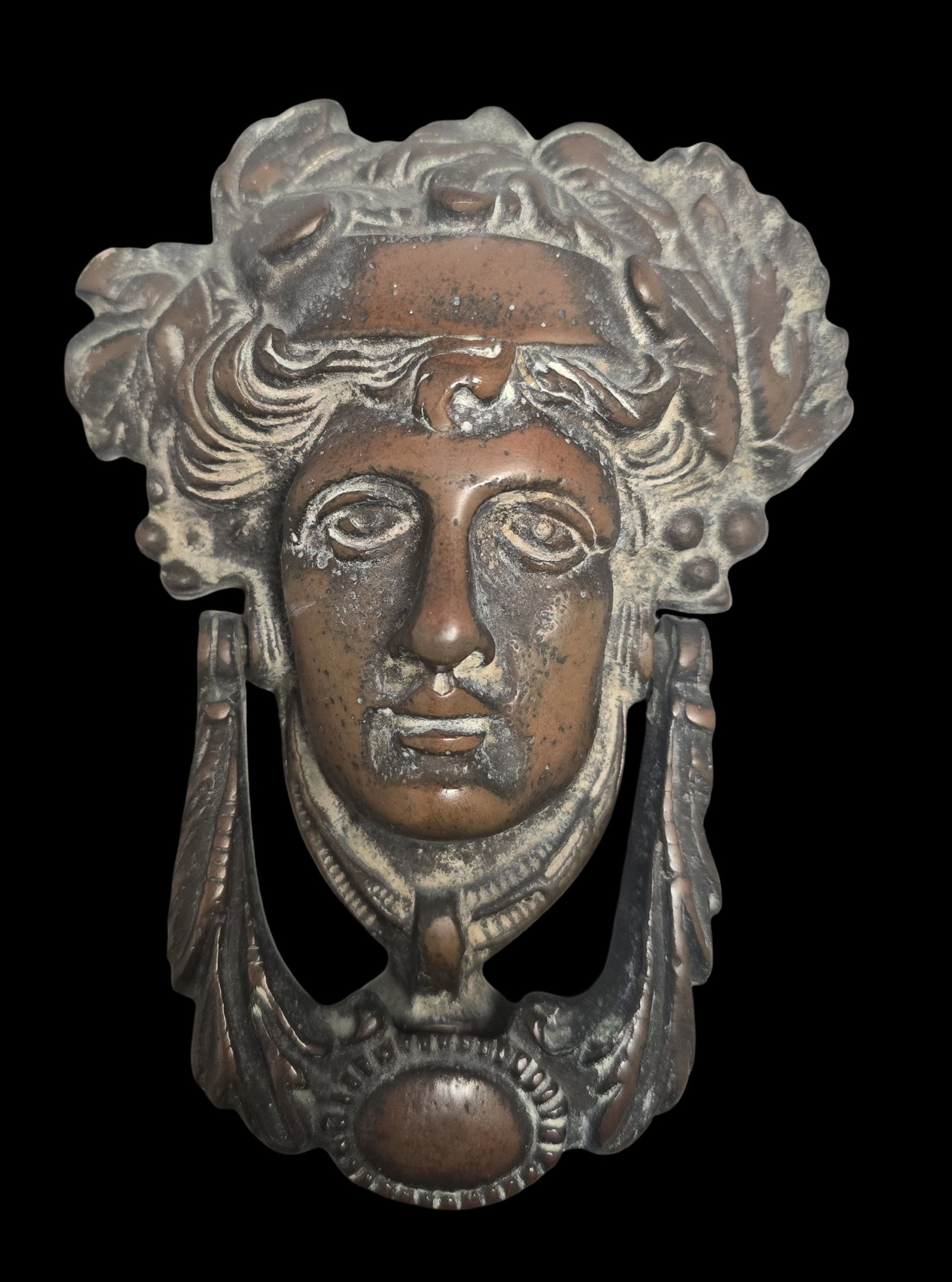 Unusual Vintage Cast Metal Medusa Head Shaped Door Knocker: Very good vintage condition with minor wear according to age. Measures approx. 7" high x 5" wide.